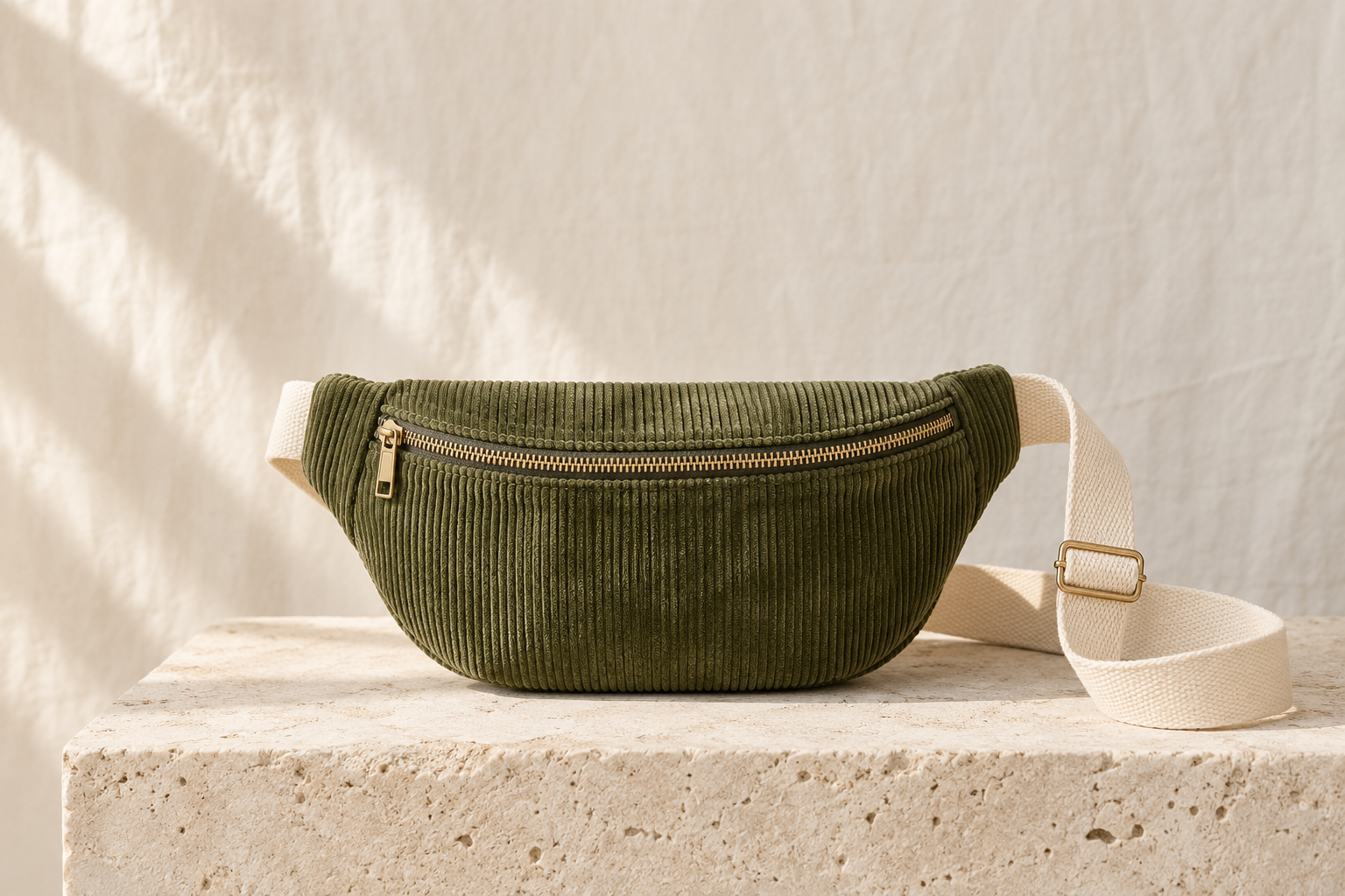 Visuel d’ambiance : sac banane en velours olive sur une pierre claire